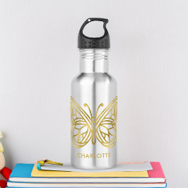 Botella De Agua Mármol blanco y mariposa geométrica de oro