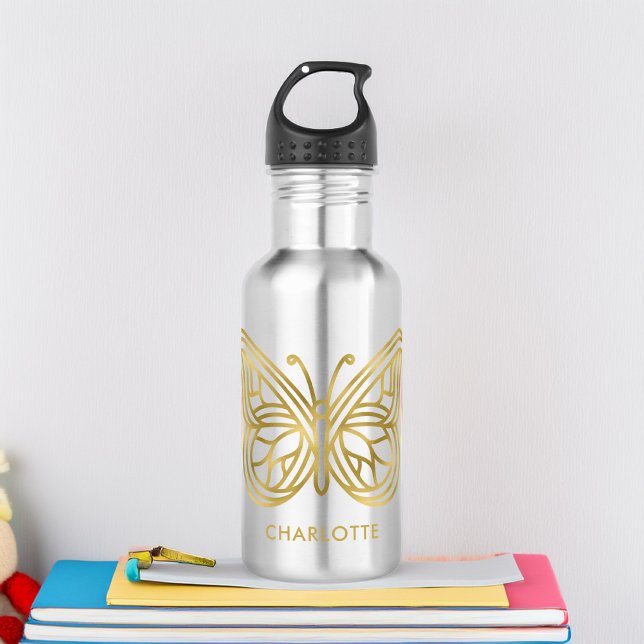 Botella De Agua Mármol blanco y mariposa geométrica de oro (Subido por el creador)