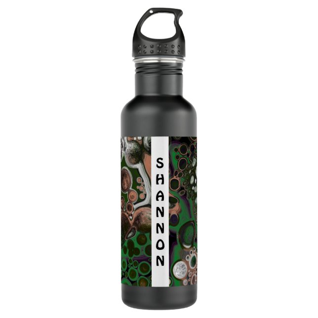 Botella De Agua Mármol de arte fluido negro y verde personalizado (Anverso)
