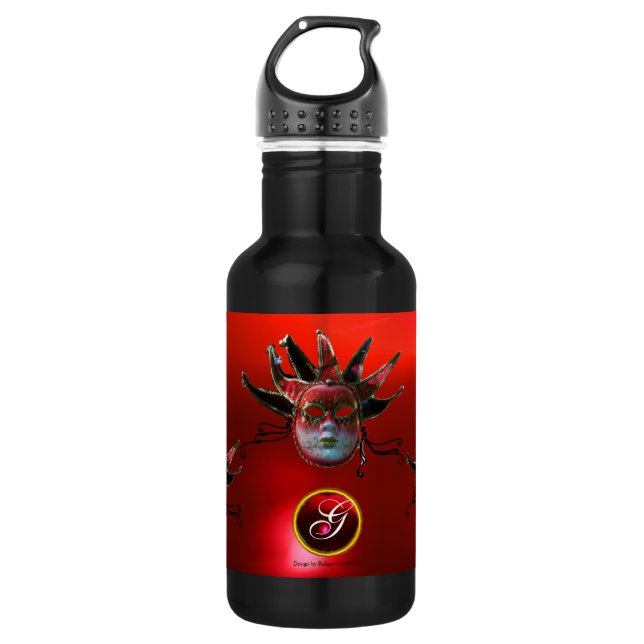 Botella De Agua MÁSCARA DE JESTER ROJO NEGRO, Monograma de Fiesta  (Anverso)