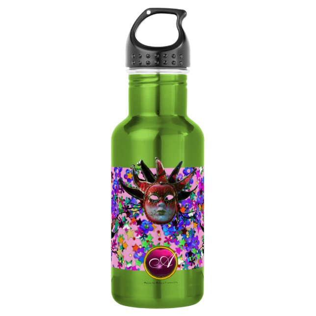 Botella De Agua MÁSCARA DE JESTER ROJO NEGRO, Monograma de Fiesta  (Anverso)