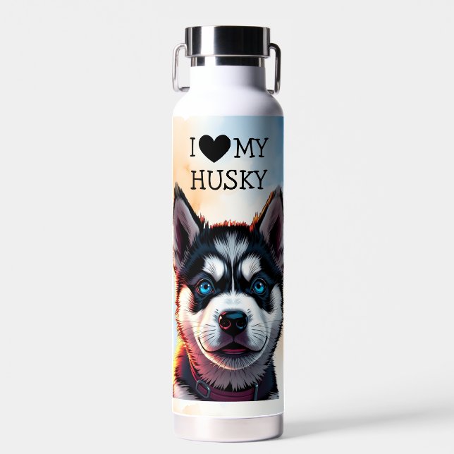 Botella De Agua Me encanta mi Husky personalizado (Delantero)