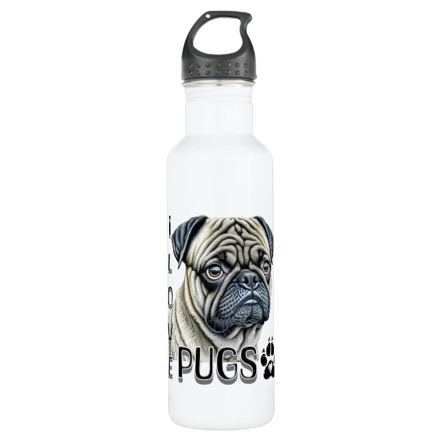 Botella De Agua Me encantan los Pugs | Propietarios de perros call (Anverso)