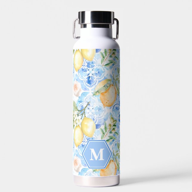 Botella De Agua Mediterranean Blue Tile Limoncello Monogram Name (Delantero)
