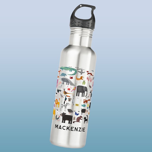 Botella De Agua Menagerie personalizada (Fun animal menagerie with wild, safari, zoo, pet animals and birds pattern personalized water bottle)
