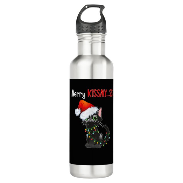 Botella De Agua Merry Kissmy... Navidades de gato negro iluminan u (Anverso)