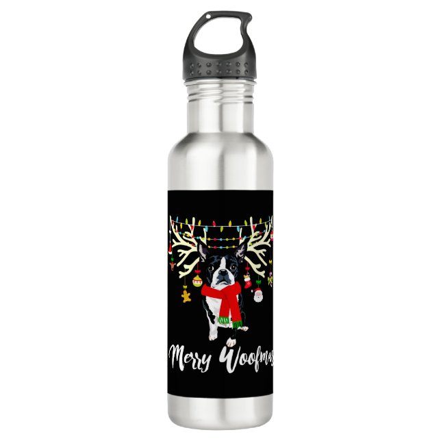 Botella De Agua Merry Woofmas Boston Terrier Reindeer Navidades (Anverso)