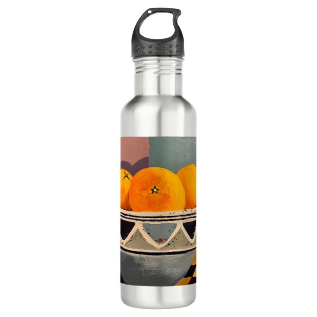 Botella de agua metalizado con diseño de naranjas (Anverso)