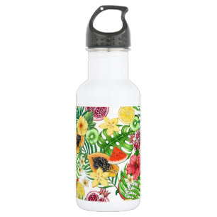 Botella De Agua Mezcla tropical, flores y hojas en blanco