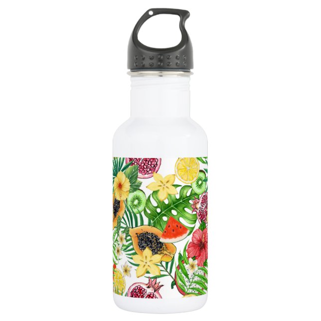 Botella De Agua Mezcla tropical, flores y hojas en blanco (Anverso)
