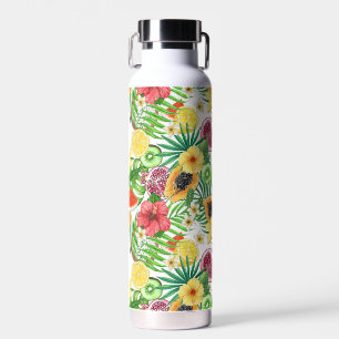 Botella De Agua Mezcla tropical, flores y hojas en blanco