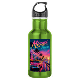Botella De Agua Miami Florida Retro Neon Atardecer Viaje