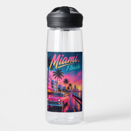 Botella De Agua Miami Florida Retro Neon Atardecer Viaje