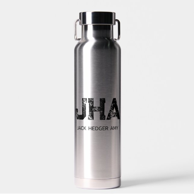 BOTELLA DE AGUA MINIMALIST BLACK THREE LETTER MONOGRAM NAME SILVER (Delantero)