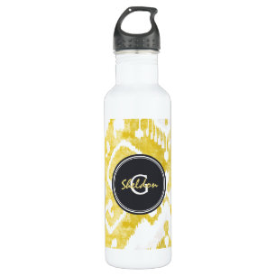 Botella De Agua Moda amarillo pastel y ikat gris patrón tribal