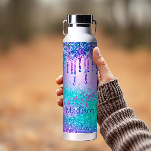 Botella De Agua Moda azul púrpura purpurina laca monograma (Subido por el creador)