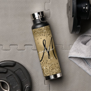 Botella De Agua Moda Black Gold Purpurinas Monograma Nombre