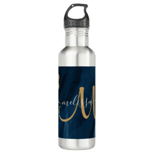 Botella De Agua Moda Blue Gold Agate Script Monograma Personalizad