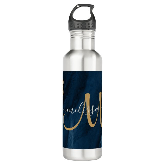 Botella De Agua Moda Blue Gold Agate Script Monograma Personalizad (Anverso)