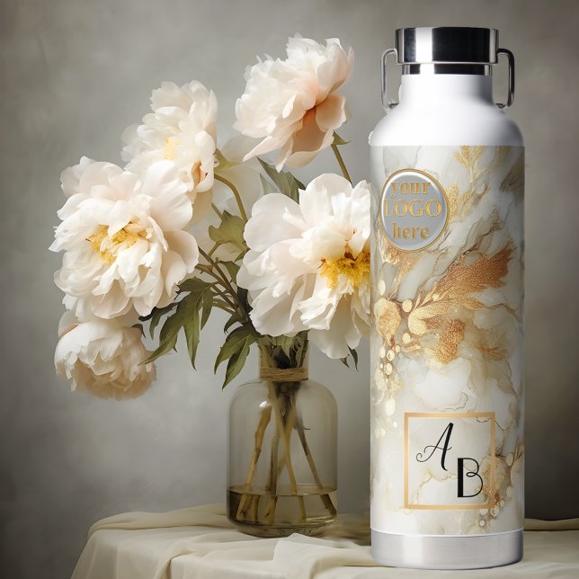 Botella De Agua Moda Boho Resumen Marble acuarela de oro (Elegant abstract watercolor marble art in gold, light grey and off white with logo and monograms)