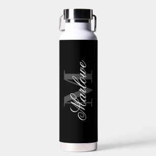 Botella De Agua Moda caligrafía en monograma gris negro