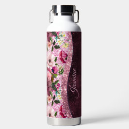 Botella De Agua Moda floral Borgoña rosa purpurina monograma