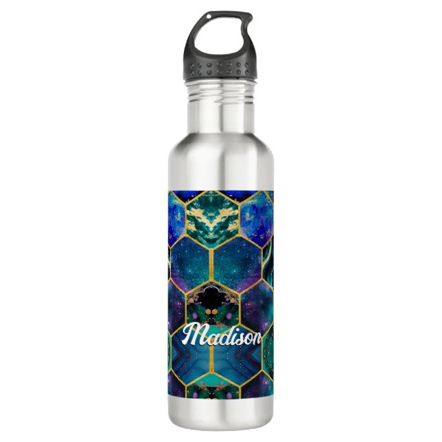 Botella De Agua Moda girly faux Purpurina Turquoise azul geométric (Anverso)