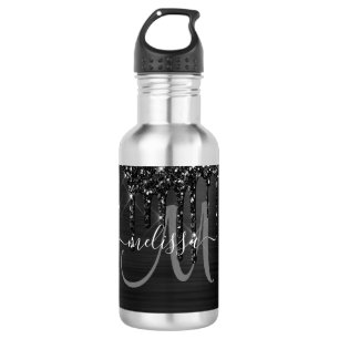 Botella De Agua Moda Monograma blanco Metalizado cepillado negro