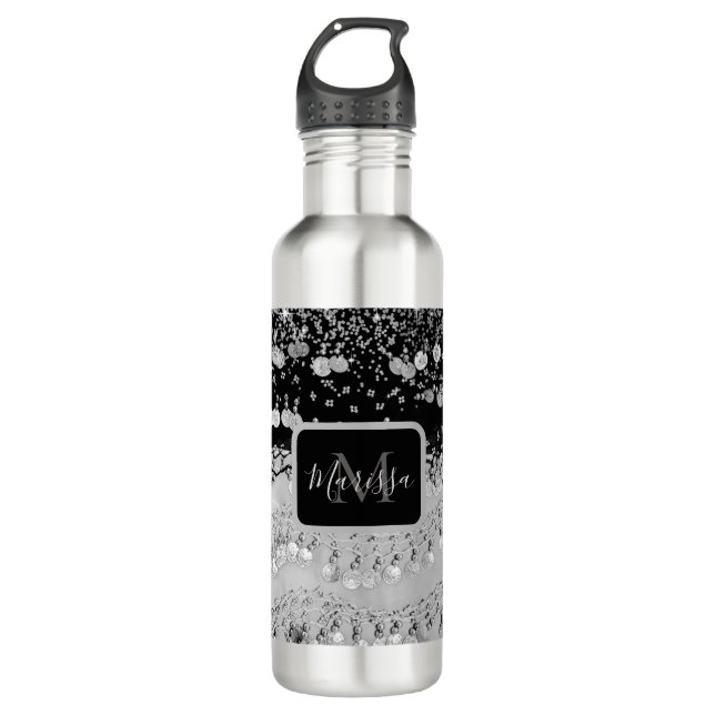 Botella De Agua Moda monograma bufanda gitana negra y plateada (Anverso)
