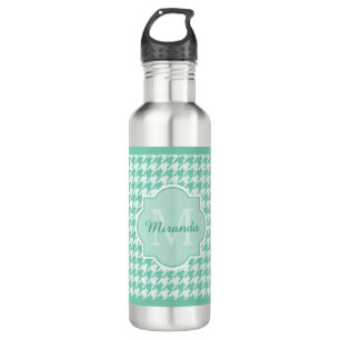 Botella De Agua Moda Monograma Mint Green Houndstoth Con Nombre
