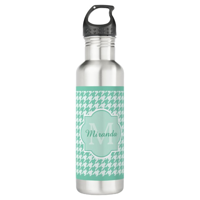 Botella De Agua Moda Monograma Mint Green Houndstoth Con Nombre (Anverso)