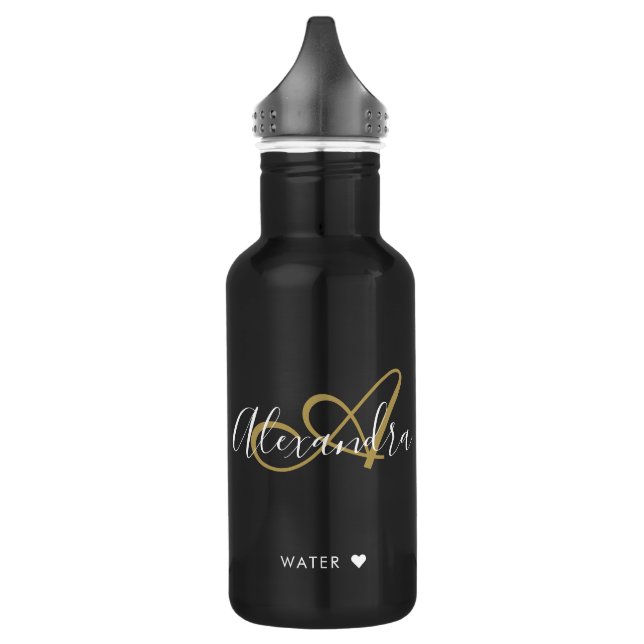 Botella De Agua Moda Oro Negro Elegante Monograma Script Nombre St (Izquierda)