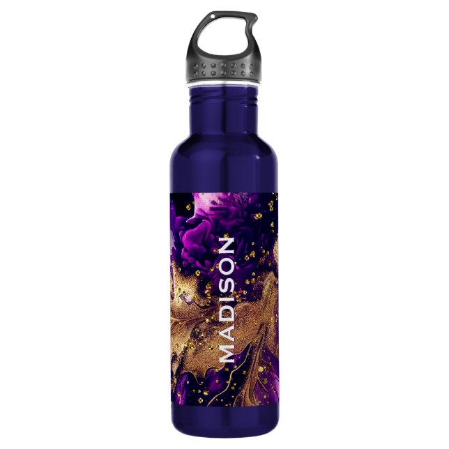 Botella De Agua Moda purpurina de imitación de oro morado monogram (Anverso)