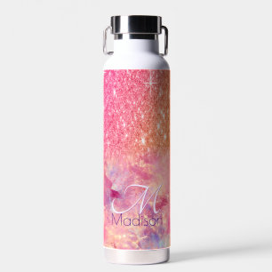 Botella De Agua Moda rosa oscuro purpurina rosa rubor monograma