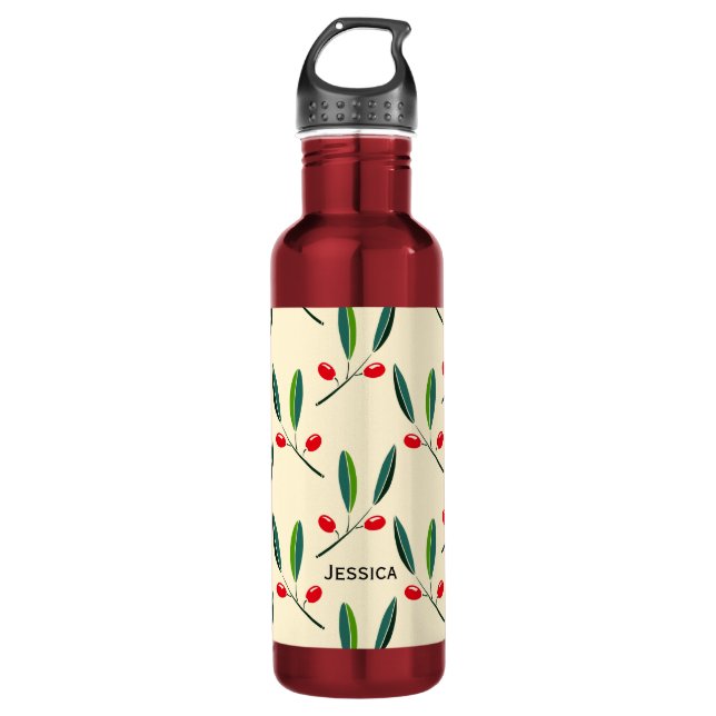 Botella De Agua Modern Illustrated Red Berries Pattern Personalise (Anverso)