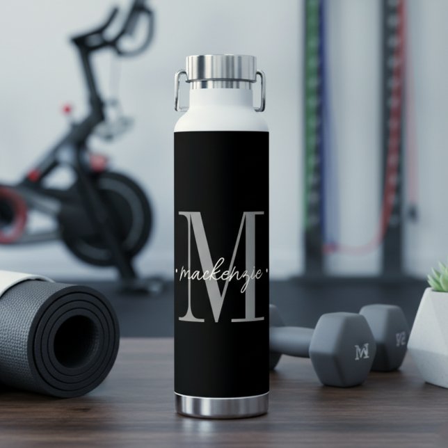 Botella De Agua Modern Monogram Minimal Black White (Subido por el creador)