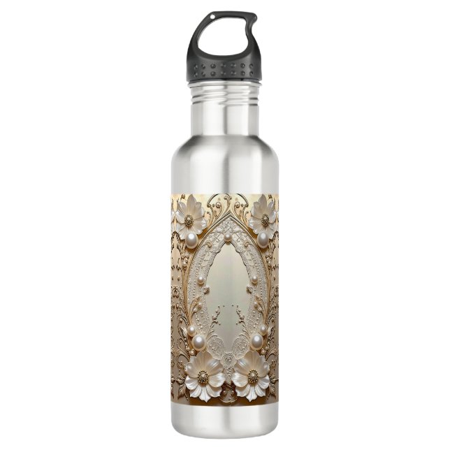 Botella De Agua Modern White Flowers Pearls Water Bottle (Anverso)