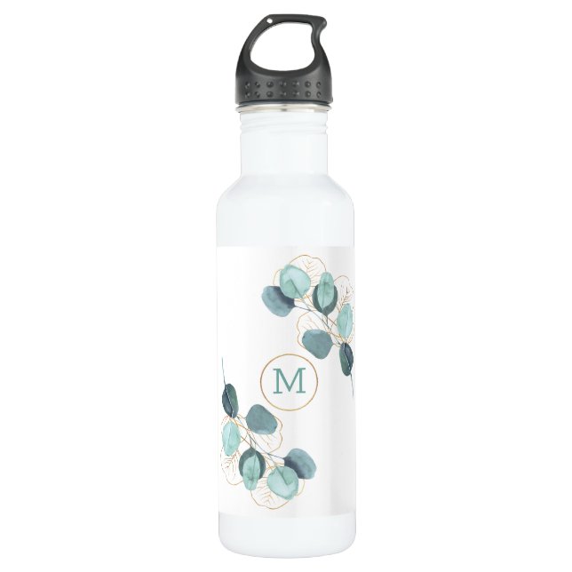 Botella De Agua Moderna elegancia Monogramada Eucalipto Gold (Anverso)