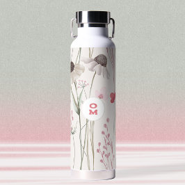 Botella De Agua Moderna Flor silvestre grande Monograma Verde rosa