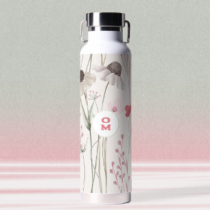 Botella De Agua Moderna Flor silvestre grande Monograma Verde rosa
