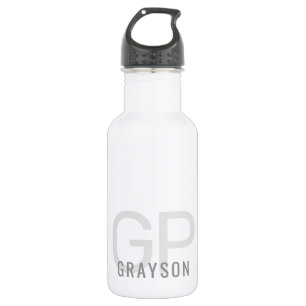 Botella De Agua Moderno 2 Iniciales + Nombre Pequeño Gris y Blanc