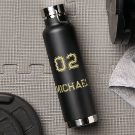 Botella De Agua Moderno Black Gold Player Name Jersey Number Sport