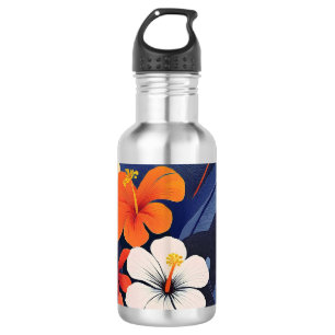 Botella De Agua Moderno de mediados de siglo Hibisco y Plumeria ha