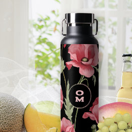 Botella De Agua Moderno Monograma Floral Negro Rosa Gran amapola