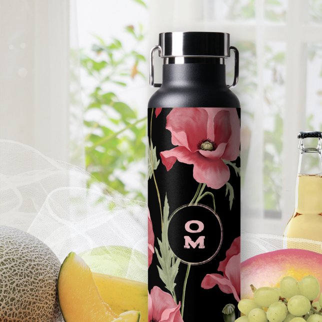 Botella De Agua Moderno Monograma Floral Negro Rosa Gran amapola (Pink Poppy Black Monogram Water Bottle ©Susanne Sachers - Sunny Mind 🌞)