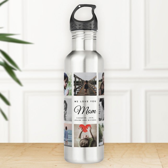 Botella De Agua Moderno, TE AMAMOS Collage de fotos MOM Guay (Silver water bottle on a wooden surface featuring family photos and the text "We love you Mom" )