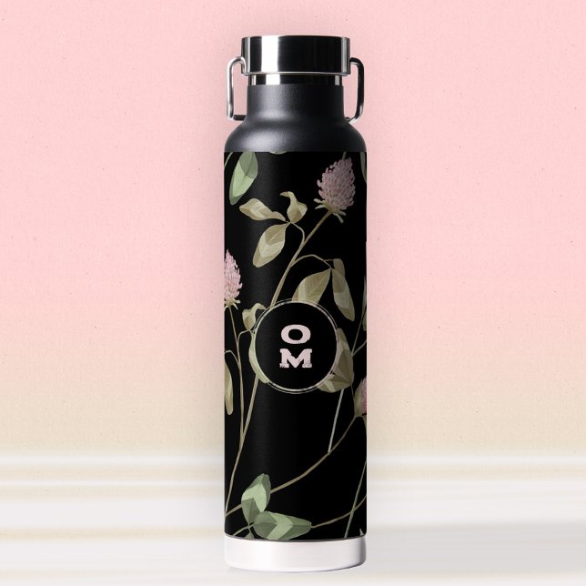 Botella De Agua Moderno WIldflower Monograma Rosa Verde Gran Alumi (Modern WIldflower Monogram Rose Green Large Clover Water Bottle ©Susanne Sachers - Sunny Mind Design)