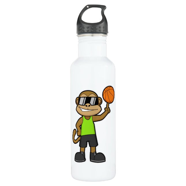 Botella De Agua Mono como jugador de baloncesto con baloncesto (Anverso)