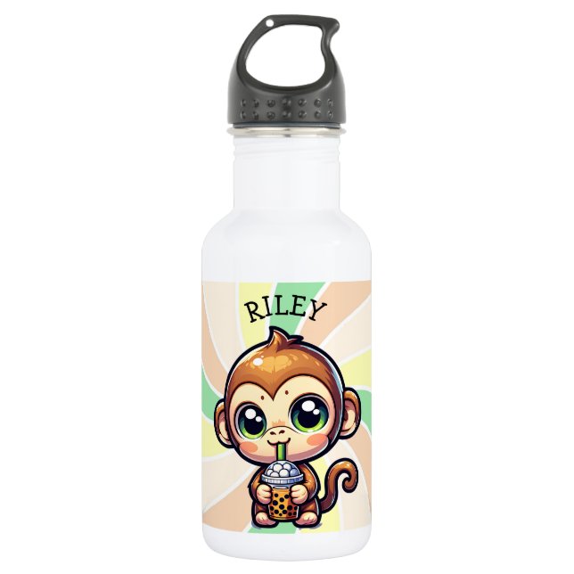 Botella De Agua Mono kawaii con té de burbuja personalizado (Anverso)