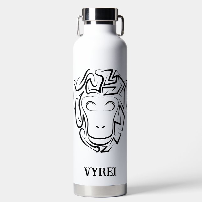 Botella De Agua Mono tribal blanco y negro (Delantero)